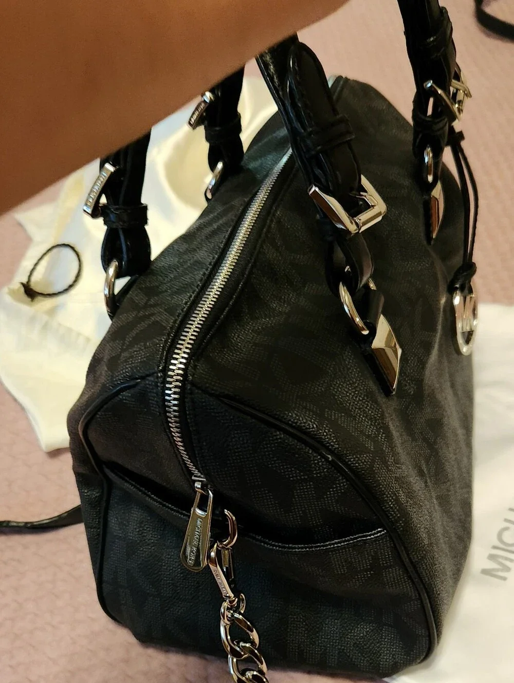 Michael Kors Black Logo Satchel with Silver Hardware